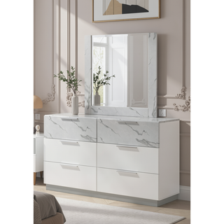 Sunvega White Lacquer Dresser with Six Smooth-Glide Drawers and Marble Accents