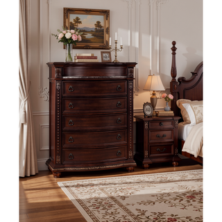 Sunvega Traditional Brown Cherry Finish Marble Top Three Drawer Nightstand