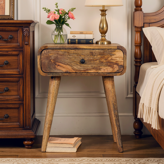 Sunvega Mid-Century Modern Solid Mango Wood Nightstand with Drawer and Tapered Legs