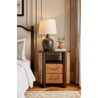 Sunvega Solid Mango Wood Rattan Curve Edge Nightstand with Two Drawers and Shelf