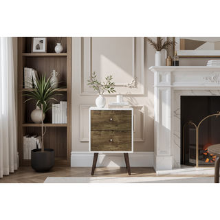 Sunvega Modern White and Brown Nightstand with 2 Drawers for Bedroom