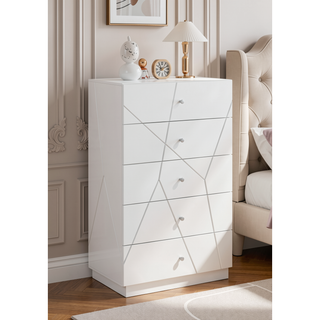 Sunvega Mist Chest White High-Gloss Lacquer Finish with Five Smooth-Glide Drawers