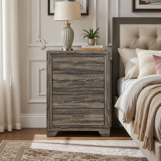 Sunvega Brown Oak Transitional Four-Drawer Chest with Metal Handles for Bedroom