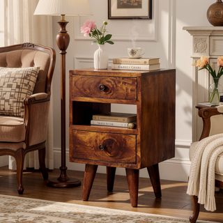 Sunvega Solid Mango Wood Mini Classic Oak-ish Nightstand with Two Drawers and Open Slot