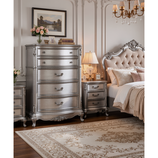 Sunvega Antique Platinum Finish Nightstand with Intricate Details for Bedroom