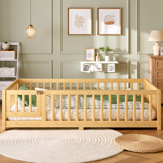 Sunvega Twin Size Floor Bed with Safety Guardrails and Door for Kids in Natural