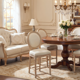 Sunvega French Style Solid Wood Frame Linen Fabric Oval Back Dining Chairs Set of 2