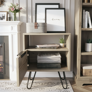 Sunvega Light Oak Nightstand with Single Door Cabinet and Open Shelf