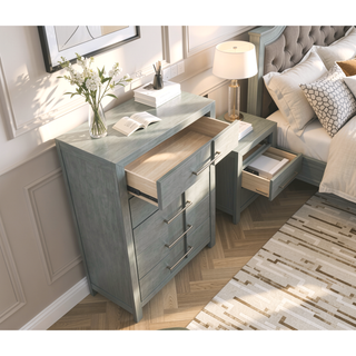 Sunvega Modern Gray Wood 5-Drawer Chest with Silver Handles for Bedroom