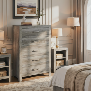 Sunvega Weathered Gray Finish 6 Drawer Dresser Faux Wood Veneer Bedroom Furniture