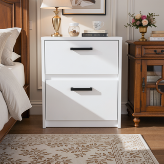 Sunvega White Finish Chequered Nightstand with Two Spacious Drawers