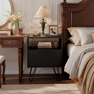 Sunvega Compact Nightstand with Hairpin Legs Single Drawer and Open Shelf Storage