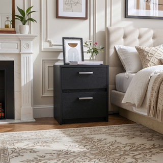 Sunvega Black Nightstand with Two Drawers and Metal Handles for Bedroom
