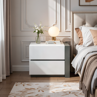Sunvega Modern White Lacquer Nightstand Table with 2 Drawers for Bedroom
