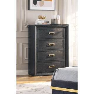 Sunvega Glam Style Black Nightstand with Gold Metal Hardware and Two Drawers