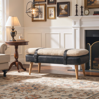 Sunvega Bouclé Upholstered Bench with Buffalo Hide Leather and Nordic Legs
