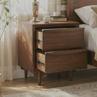 Sunvega Mid-Century Modern Walnut Finish Nightstand with 2 Dovetail Drawers and USB Charging Port