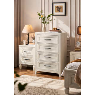 Sunvega Contemporary Geometric Design Two Drawer Nightstand with Off-White Finish