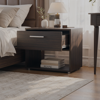 Sunvega Walnut Nightstand with Drawer and Open Storage Shelf for Bedroom