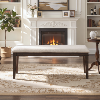 Sunvega Dark Brown Finish Wooden Dining Bench with Beige Fabric Upholstered Seat