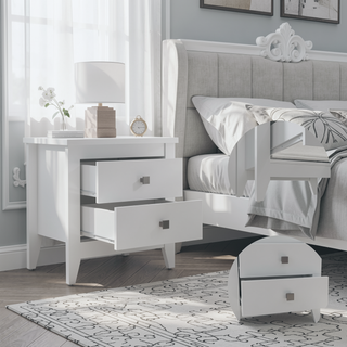 Sunvega White Nightstand with Two Spacious Drawers and Four Wooden Legs for Bedroom