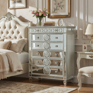 Sunvega Mirrored Nightstand with Geometric Trim and Crystal Knobs for Bedroom