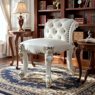 Sunvega Antique Pearl Finish PU Leather Vanity Stool with Button Tufted Back