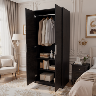 Sunvega Two-Door Wardrobe with Hanging Rod and Two Shelves for Bedroom