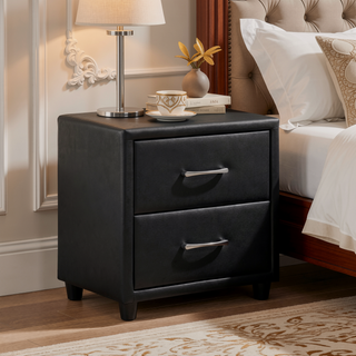 Sunvega Black Faux Leather Nightstand with Two Drawers and Silver Bar Pulls
