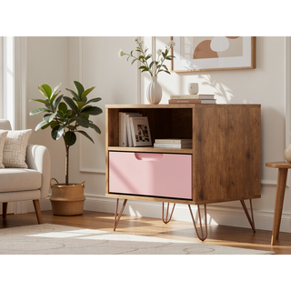Sunvega Mid-Century Modern Pink Nightstand with Drawer and Open Shelf