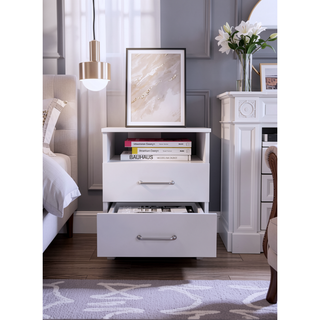 Sunvega White Nightstand with Two Drawers and Open Shelf for Bedroom Storage