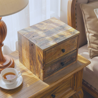 Sunvega Solid Mango Wood Wall Mounted Nightstand with Two Drawers and Oak-ish Finish