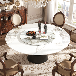 Sunvega 59 Inch Round Sintered Stone Dining Table with Stainless Steel Base for 6-8