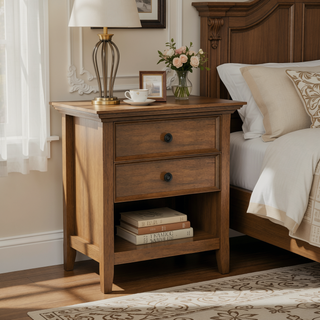 Sunvega Rustic Natural Aged Brown Solid Wood Bedside Table with Two Spacious Drawers