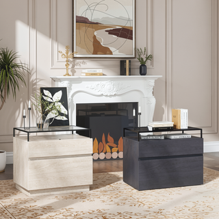 Sunvega Modern Industrial Nightstand with LED Lights and Two Drawers for Bedroom