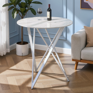 Sunvega White and Chrome Faux Marble Round Top Bar Table for Contemporary Style