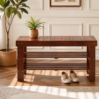 Sunvega Solid Wood White Finish Shoe Bench with Plastic Leveler Legs