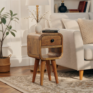 Sunvega Handcrafted Solid Mango Wood Oak-ish Curved Edge Bedside Table with Drawer