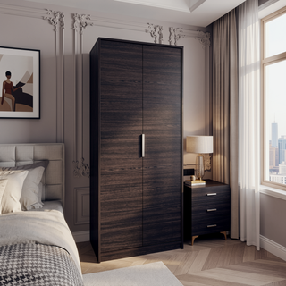 Sunvega Double Door Wardrobe with Hanging Rod and Shelves for Bedroom Black