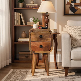 Sunvega Ultra-Compact Solid Mango Wood Bedside Table with Two Drawers
