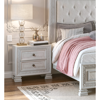 Sunvega Classic Luxury Pearl White Finish Nightstand with 2 Dovetail Drawers Dart Molding