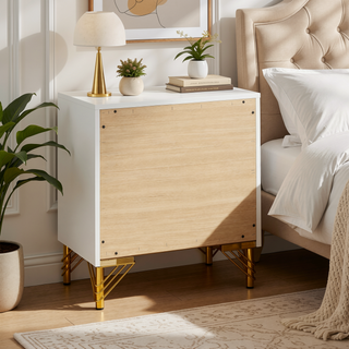 Sunvega White Nightstand with Gold Trim and Two Drawers for Bedroom Storage