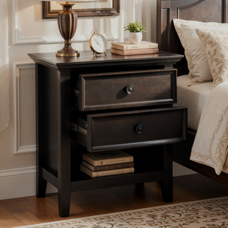 Sunvega Handcrafted Solid Wood Hickory Brown Bedside Table with Two Drawers