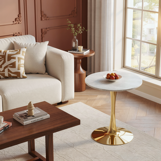 Sunvega Round White Pedestal Side Table with Marble Effect Top for Living Room