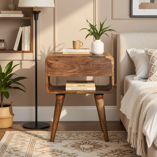 Sunvega Mid-Century Modern Oak-ish Nightstand with Drawer and Open Shelf