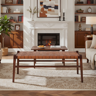 Sunvega Genuine Leather Upholstered Bench with Solid Wood Frame and Tapered Legs