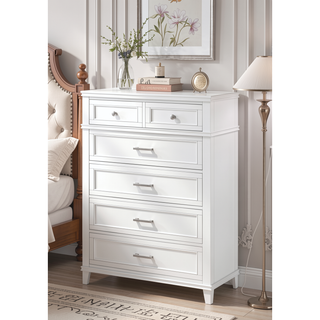 Sunvega White Transitional Chest with 5 French Dovetail Storage Drawers and Custom Hardware