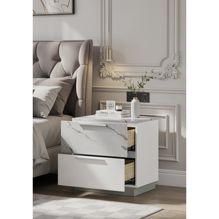 Sunvega Mist Nightstand with Two-Tone High-Gloss Marble Lacquer Finish and Two Spacious Drawers