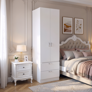Sunvega Modern White Wardrobe with Hanging Rod, 2 Drawers and Storage Shelf