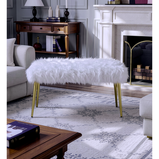 Sunvega Gold Finish Metal Base Armless Backless Lounge Bench with White Faux Fur
